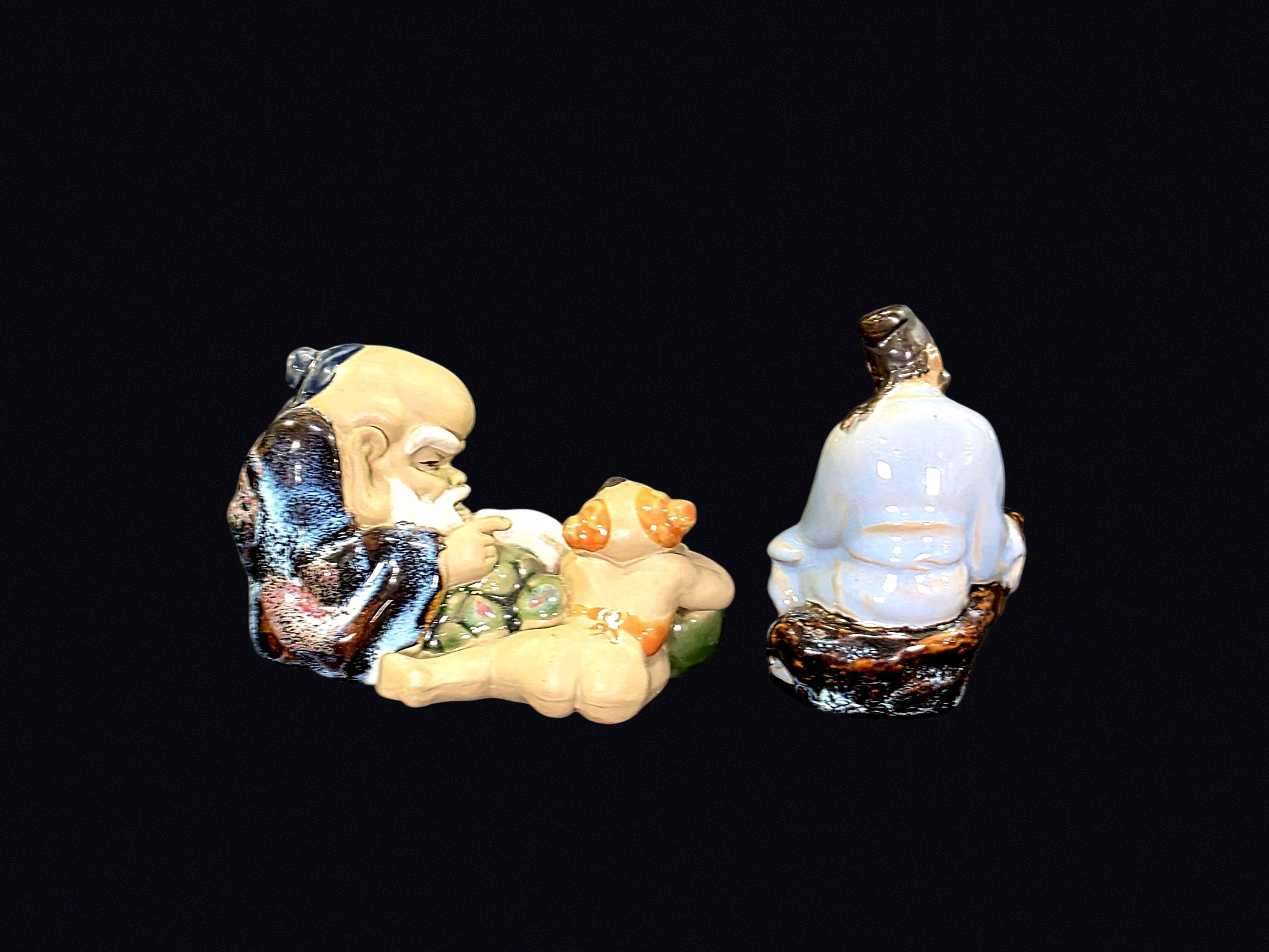 Shiwan Mudmen Shoulao & Scholar Figures Pair