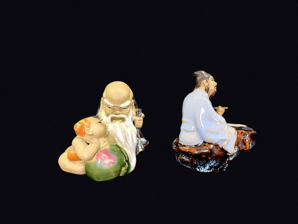 Shiwan Mudmen Shoulao & Scholar Figures Pair