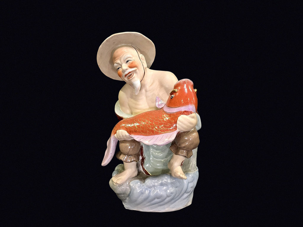 Chinese Shiwan Porcelain Fisherman with Koi 12"