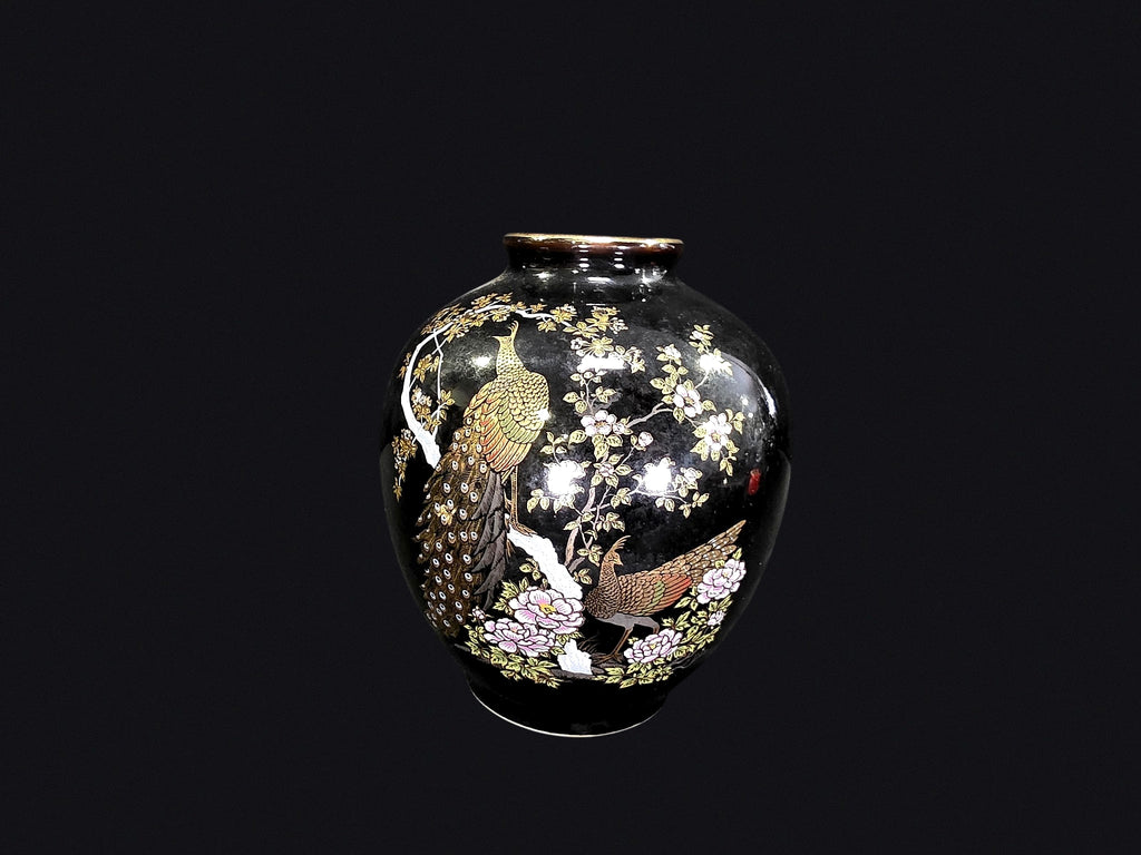 Japanese Black Porcelain Peacock Vase c1980
