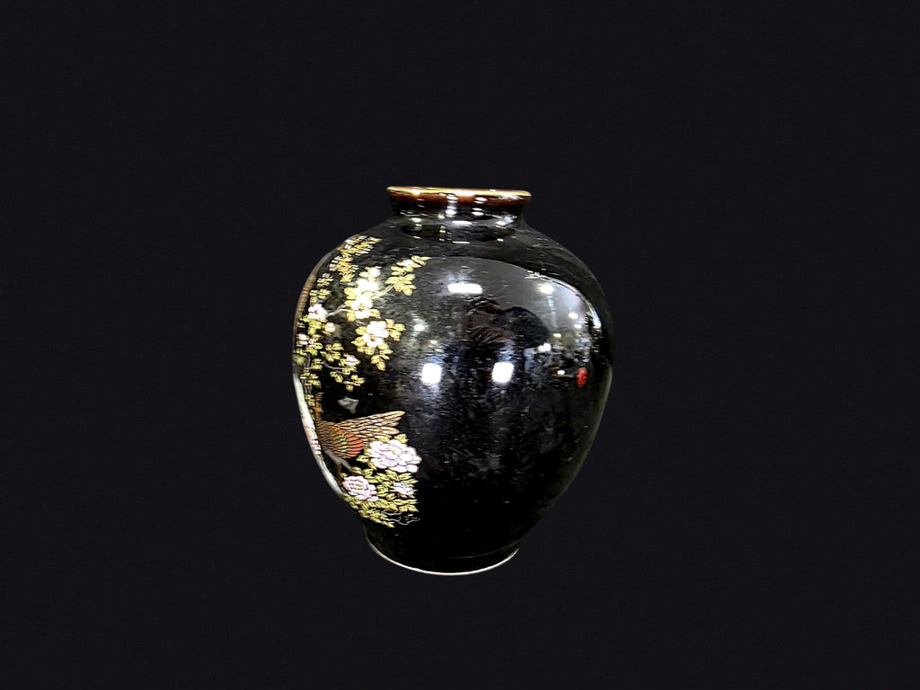 Japanese Black Porcelain Peacock Vase c1980