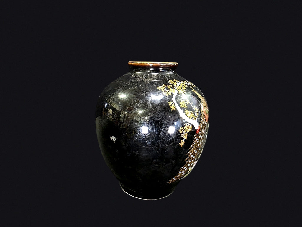 Japanese Black Porcelain Peacock Vase c1980
