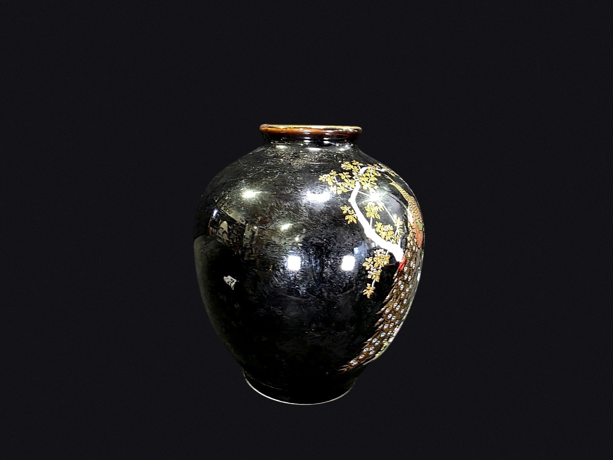 Japanese Black Porcelain Peacock Vase c1980