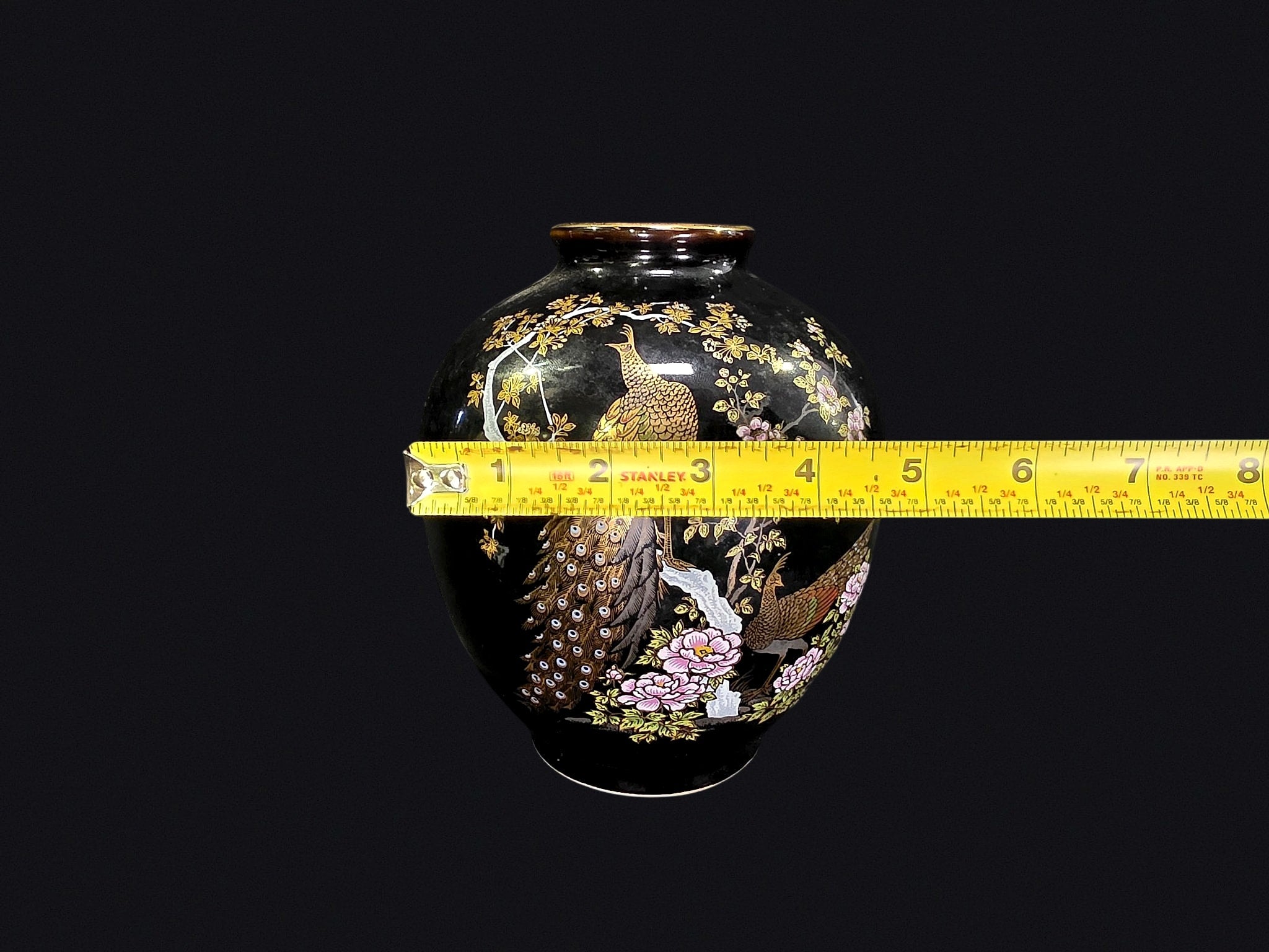 Japanese Black Porcelain Peacock Vase c1980