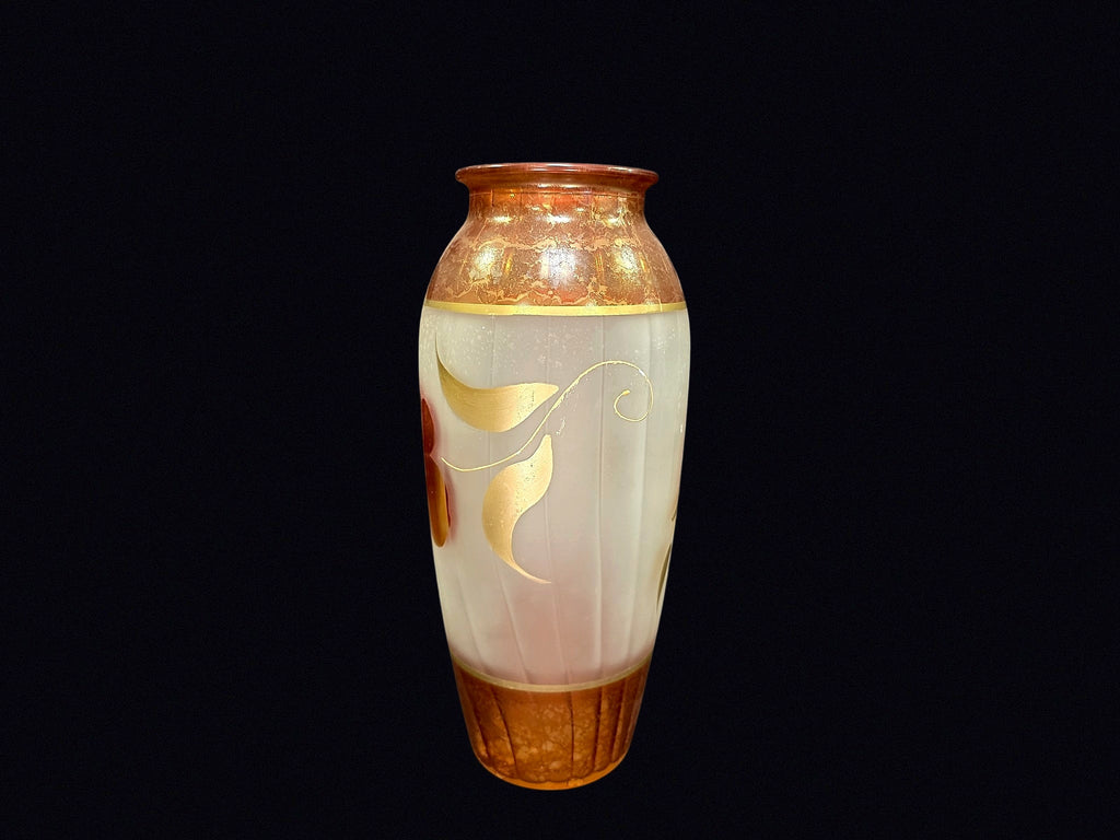 Bohemian Frosted Glass Vase Gilt Floral
