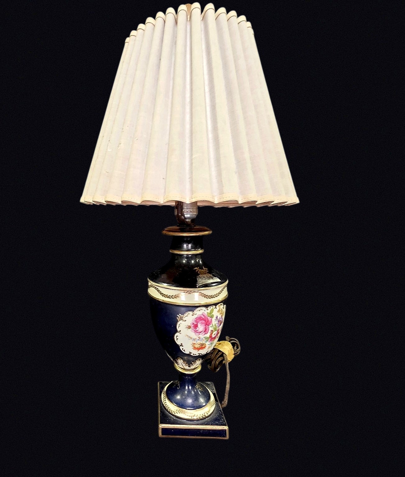 Cobalt Porcelain Urn Lamp Gilt Floral Mid-20thC