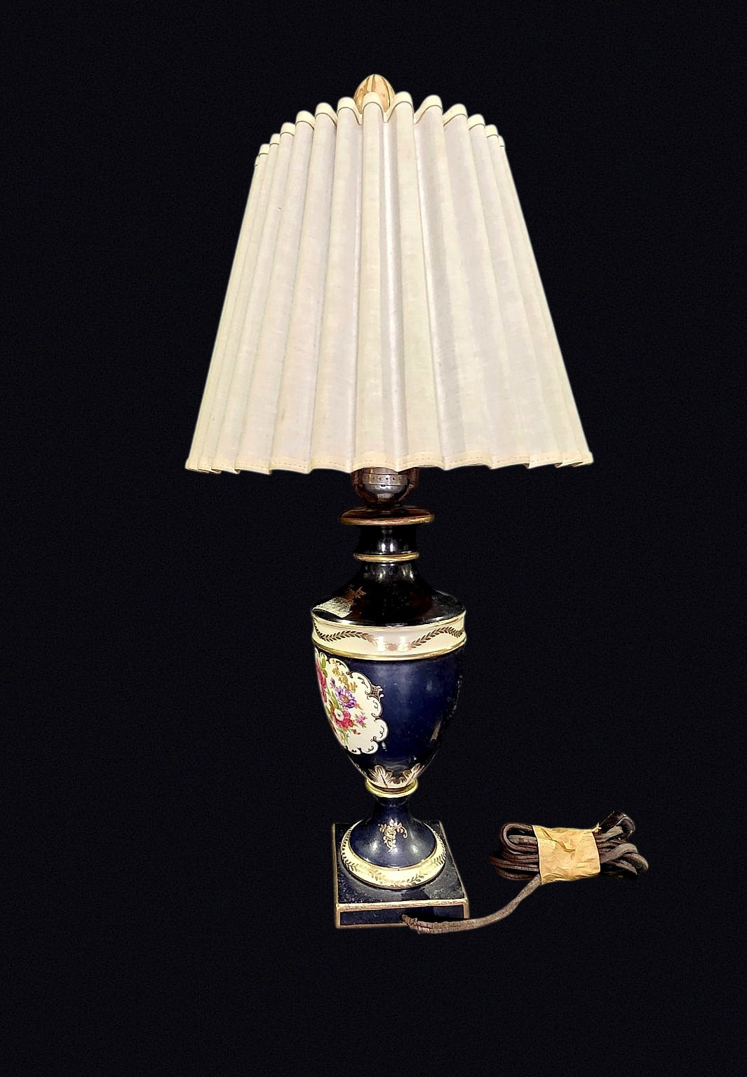 Cobalt Porcelain Urn Lamp Gilt Floral Mid-20thC