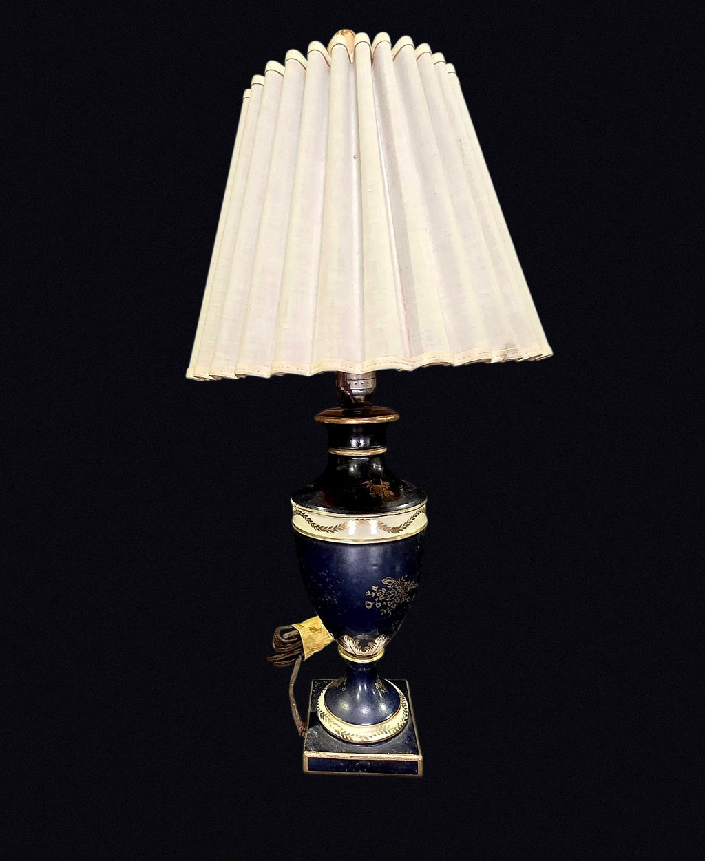 Cobalt Porcelain Urn Lamp Gilt Floral Mid-20thC