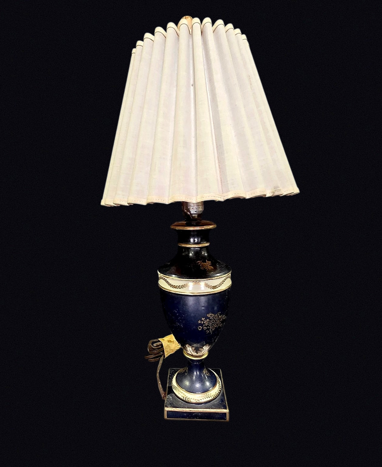 Cobalt Porcelain Urn Lamp Gilt Floral Mid-20thC
