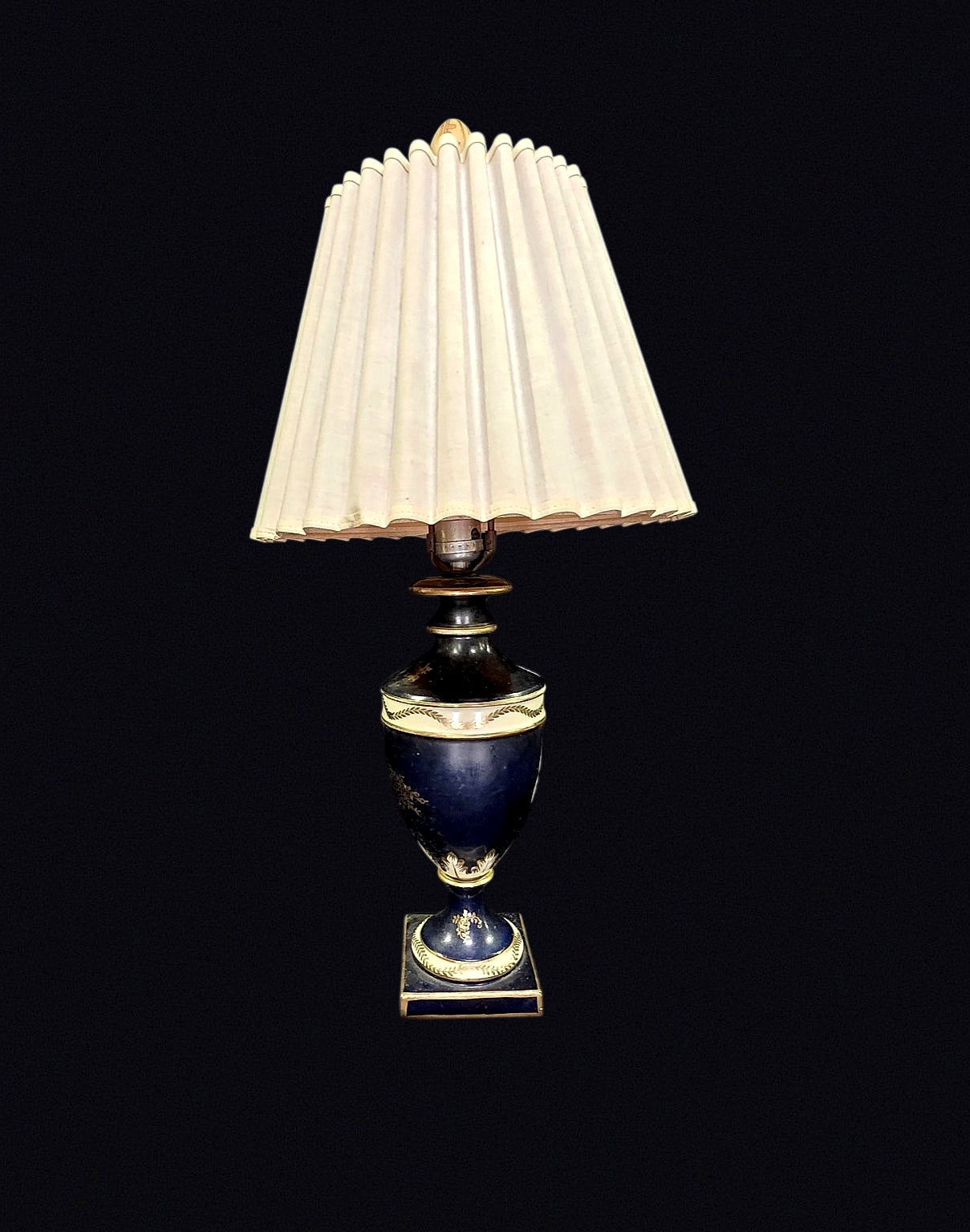 Cobalt Porcelain Urn Lamp Gilt Floral Mid-20thC