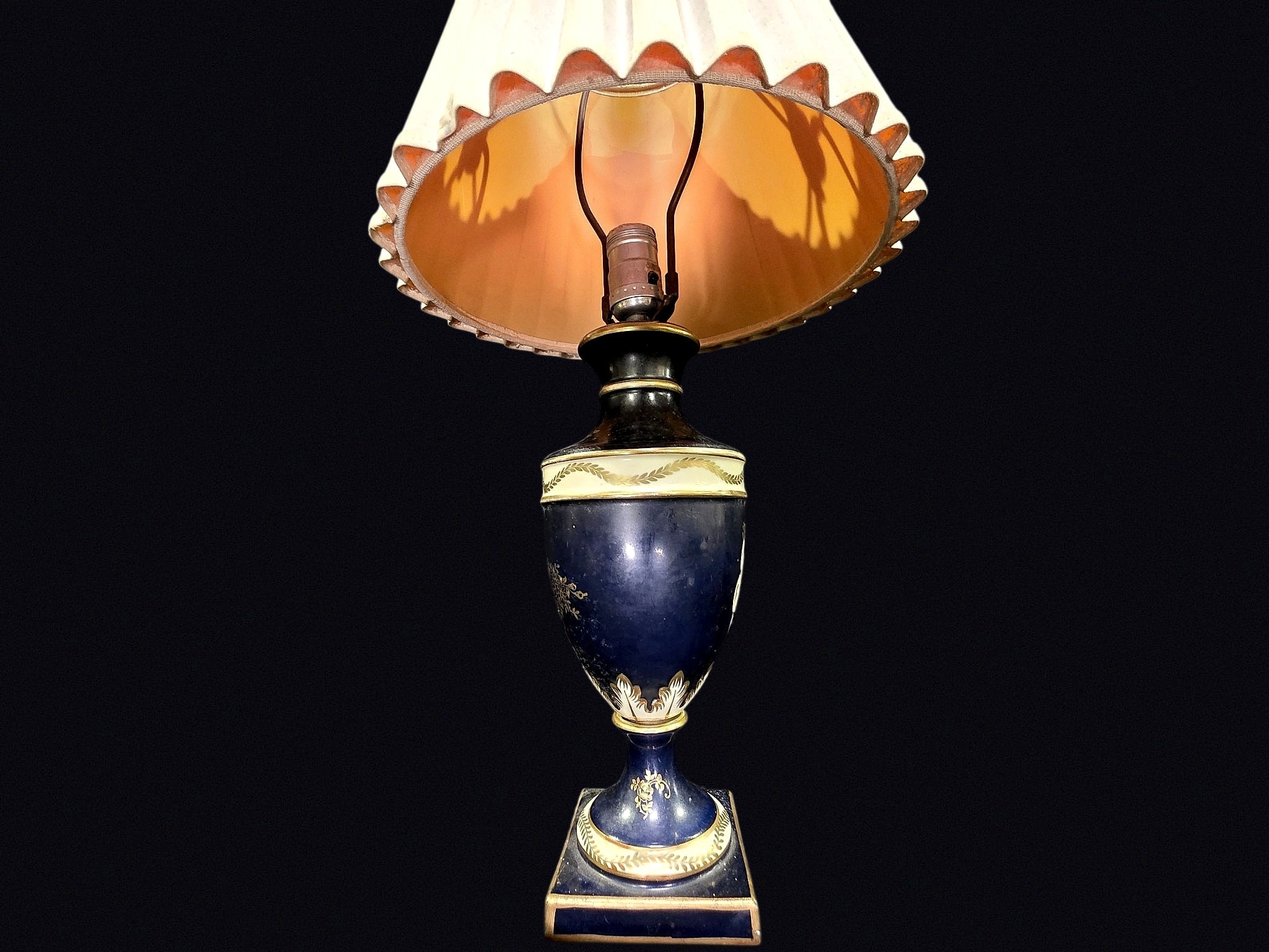 Cobalt Porcelain Urn Lamp Gilt Floral Mid-20thC