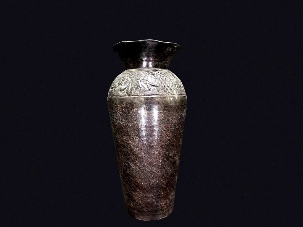 Indian Brass Vase Embossed Grape Ruffled Rim