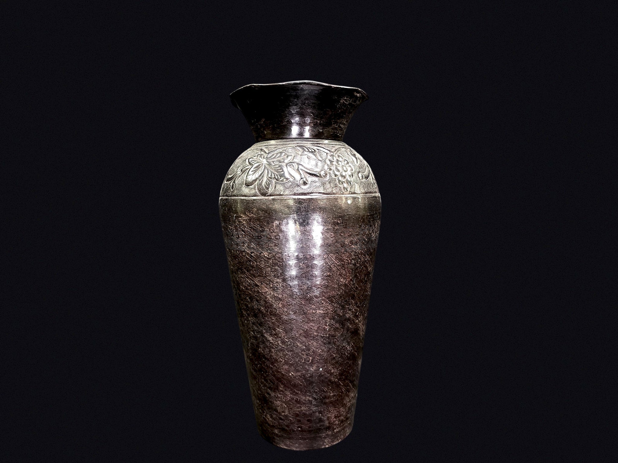 Indian Brass Vase Embossed Grape Ruffled Rim