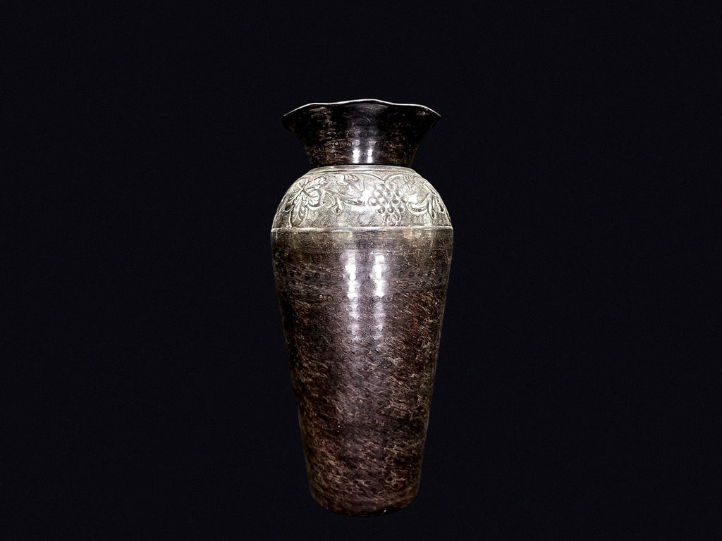 Indian Brass Vase Embossed Grape Ruffled Rim