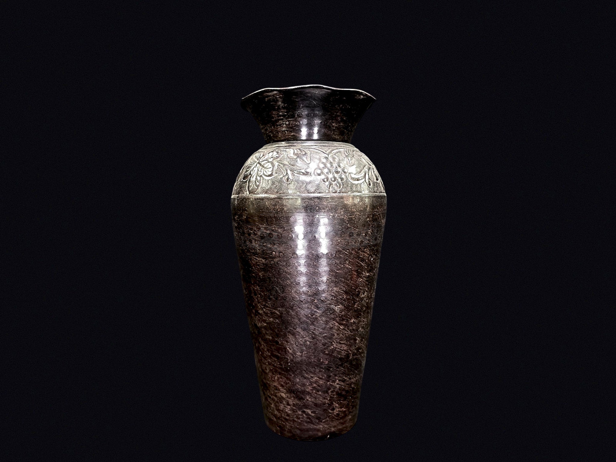 Indian Brass Vase Embossed Grape Ruffled Rim