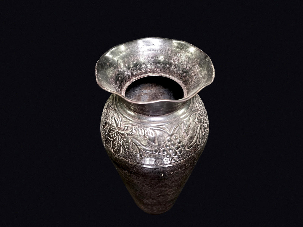 Indian Brass Vase Embossed Grape Ruffled Rim