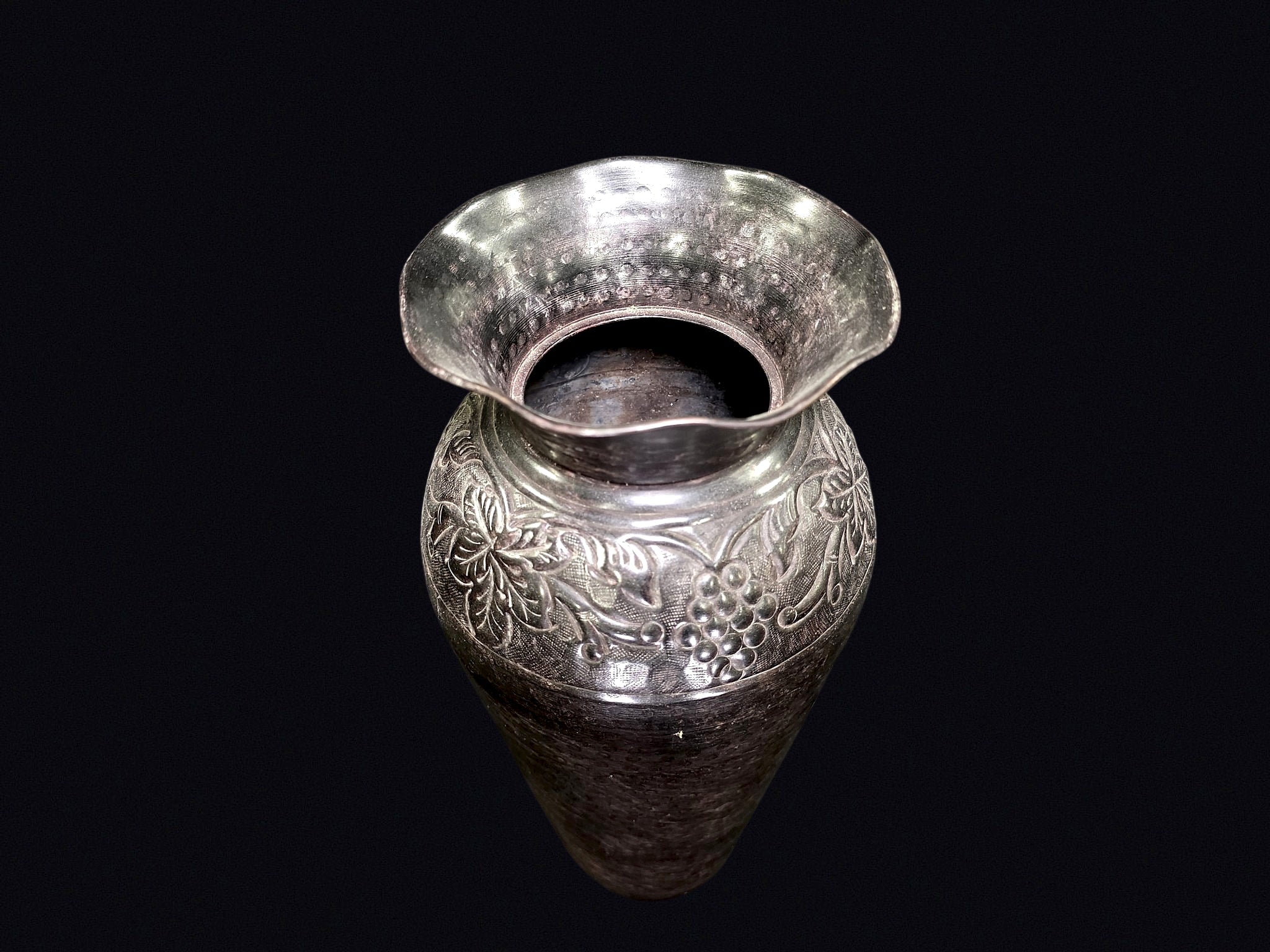 Indian Brass Vase Embossed Grape Ruffled Rim