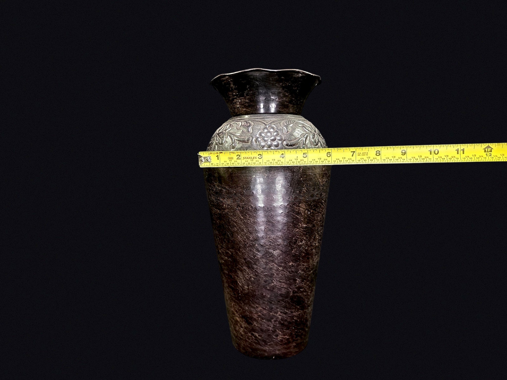 Indian Brass Vase Embossed Grape Ruffled Rim