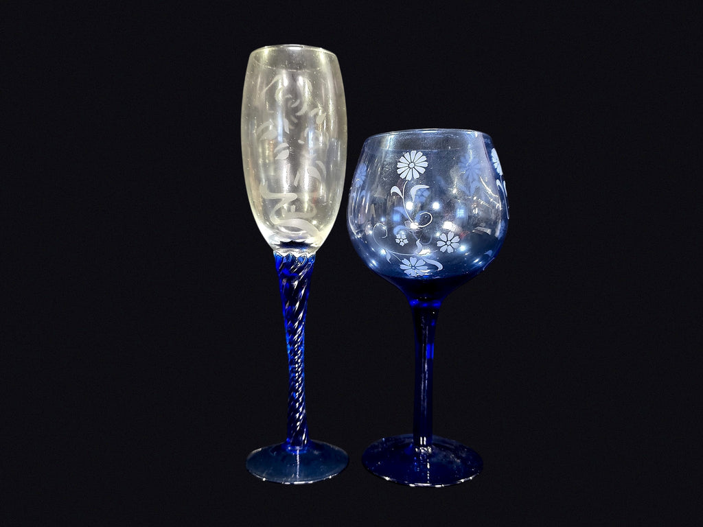 Cobalt Blue Stem Etched Glass Flute and Goblet