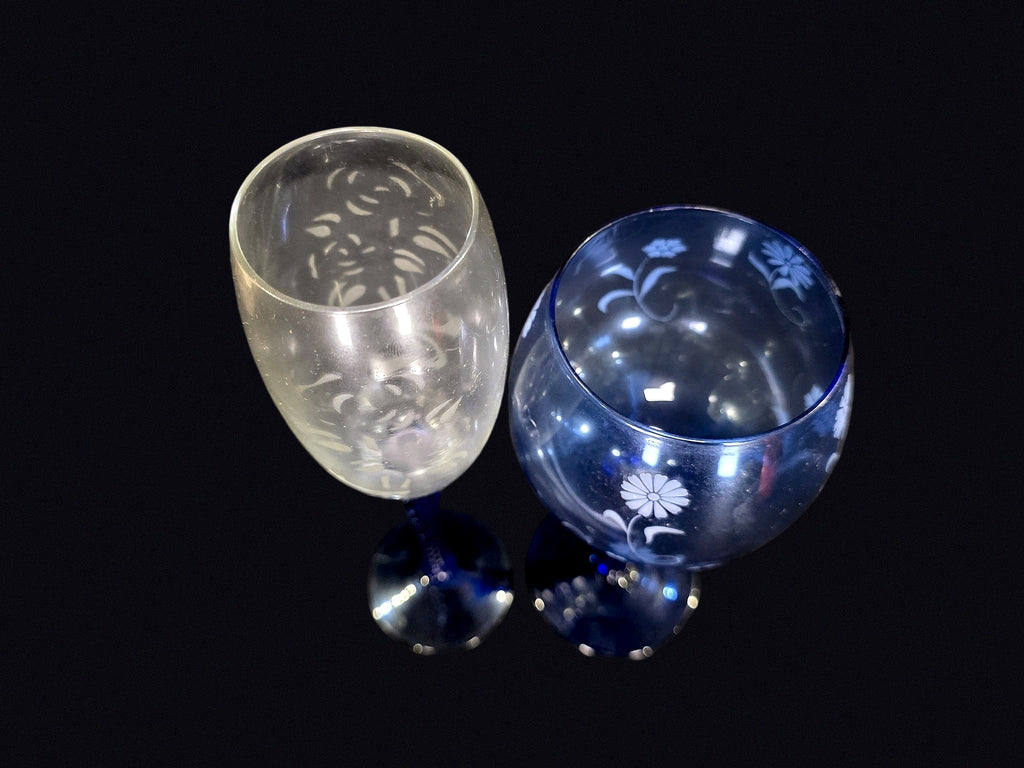 Cobalt Blue Stem Etched Glass Flute and Goblet