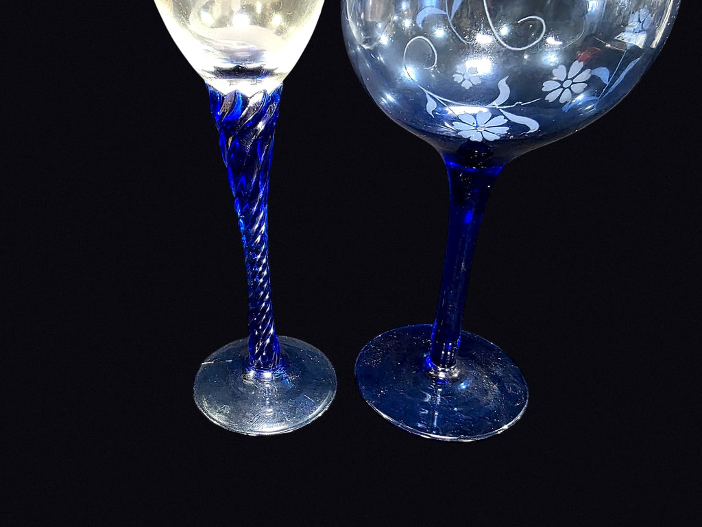 Cobalt Blue Stem Etched Glass Flute and Goblet