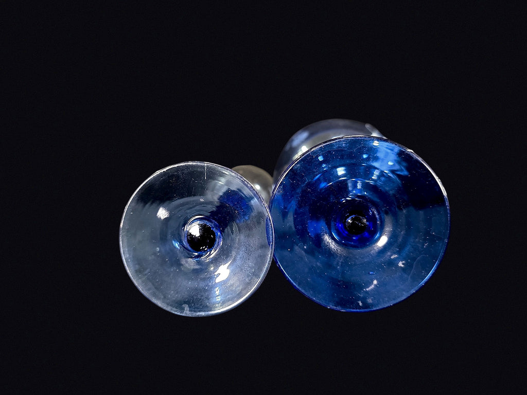 Cobalt Blue Stem Etched Glass Flute and Goblet