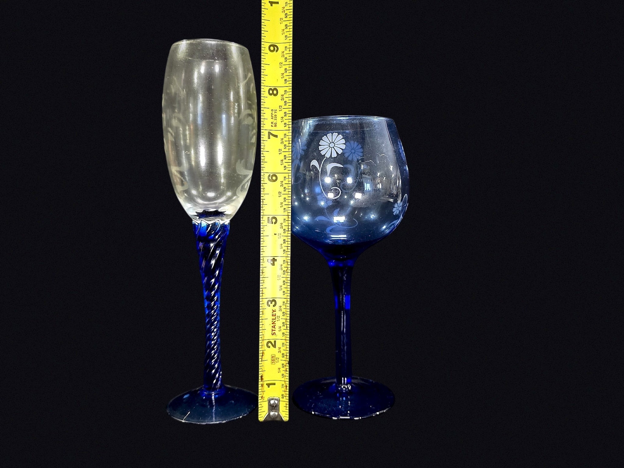 Cobalt Blue Stem Etched Glass Flute and Goblet