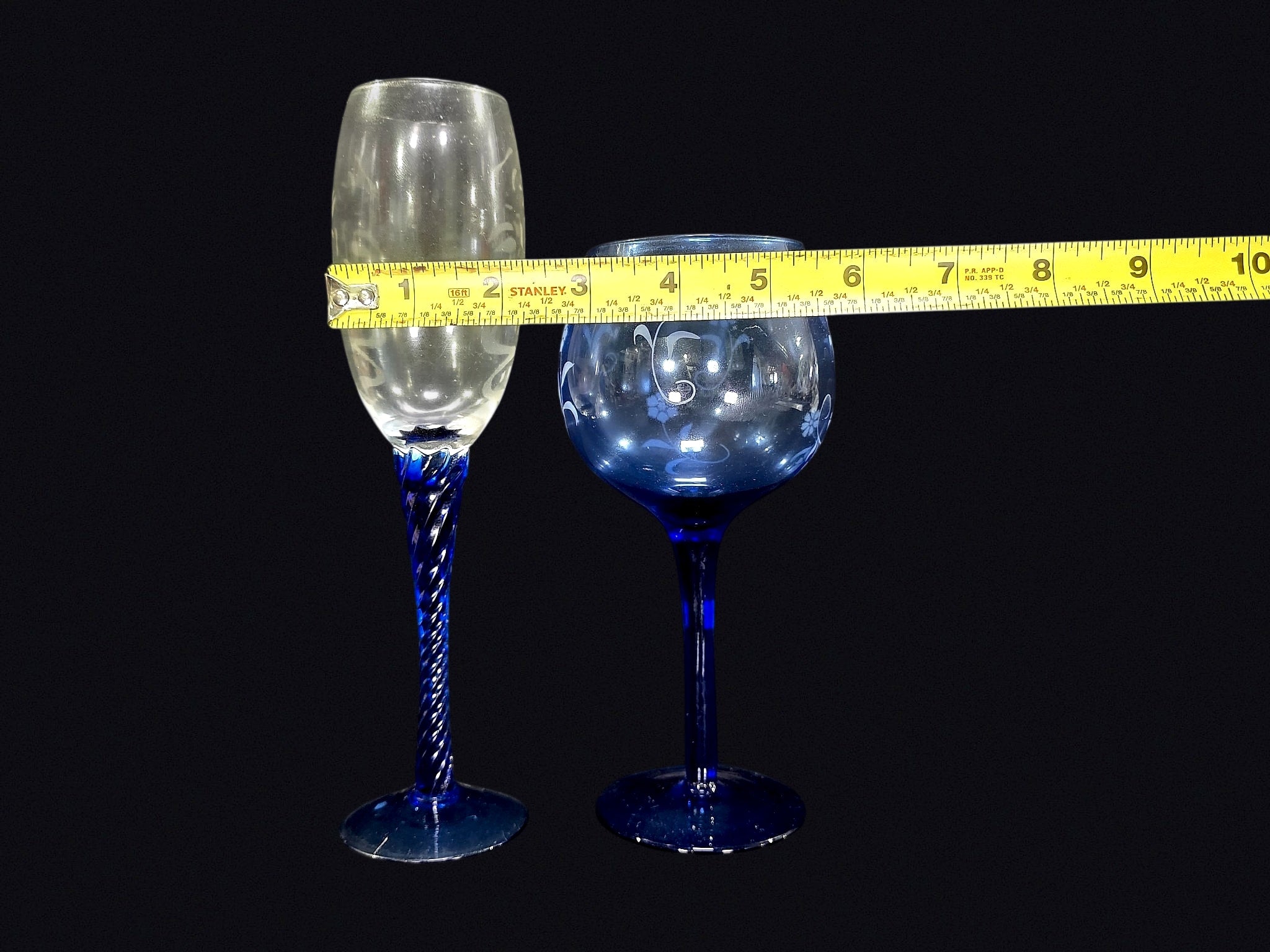 Cobalt Blue Stem Etched Glass Flute and Goblet