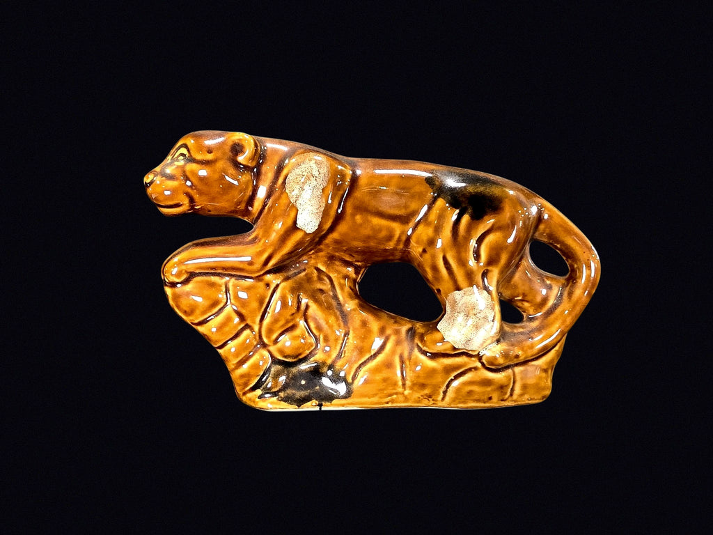 MCM Brown Drip Glaze Ceramic Panther on Rock