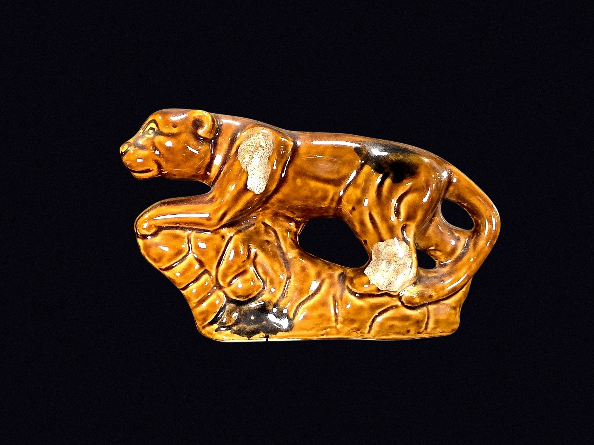 MCM Brown Drip Glaze Ceramic Panther on Rock