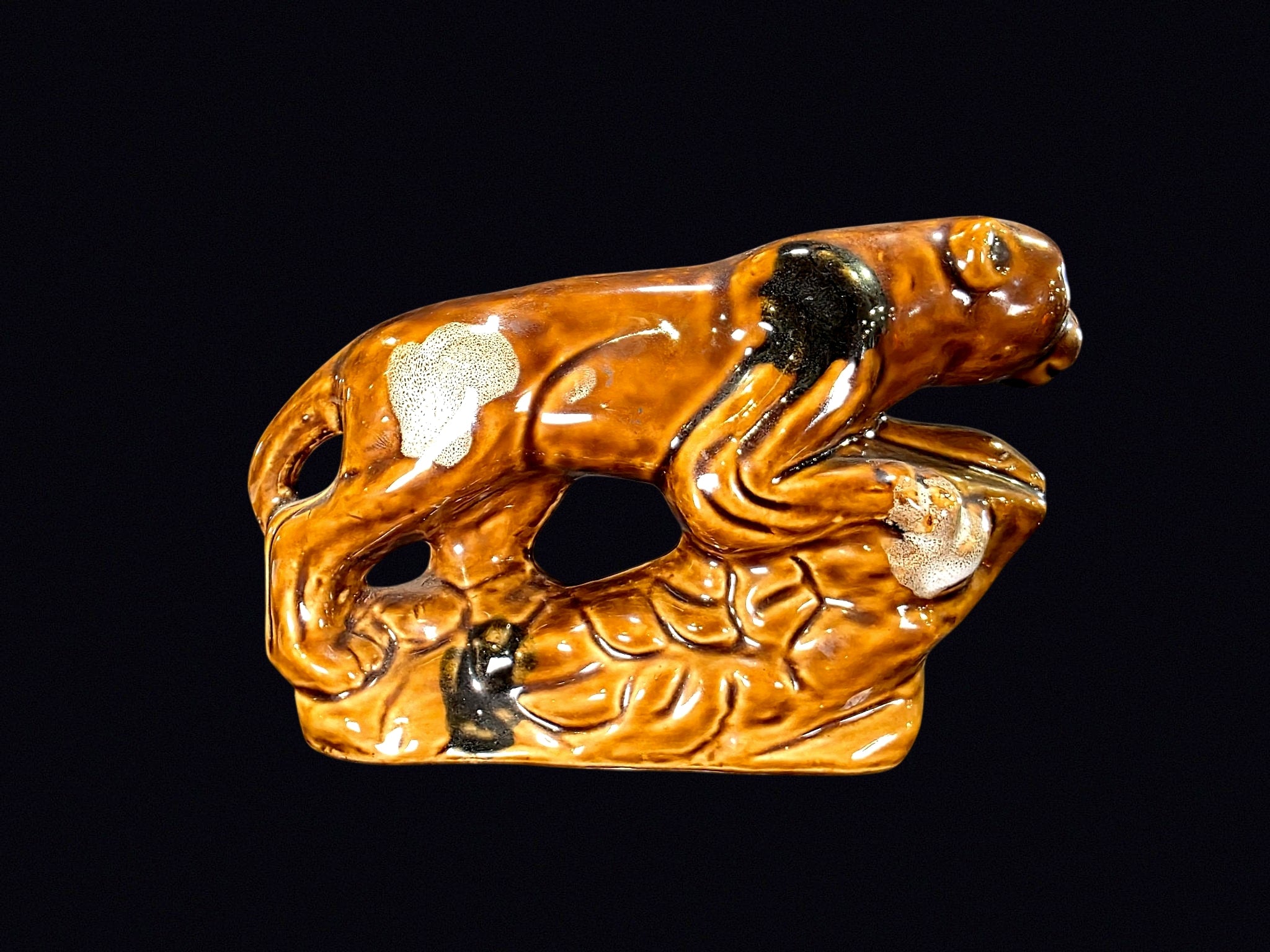 MCM Brown Drip Glaze Ceramic Panther on Rock