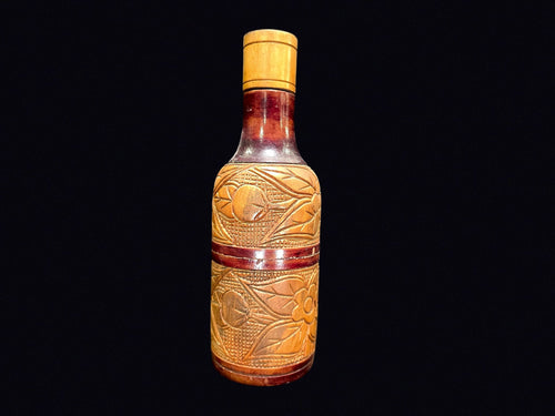 Carved Wood Folk Art Flask Glass Liner c1950
