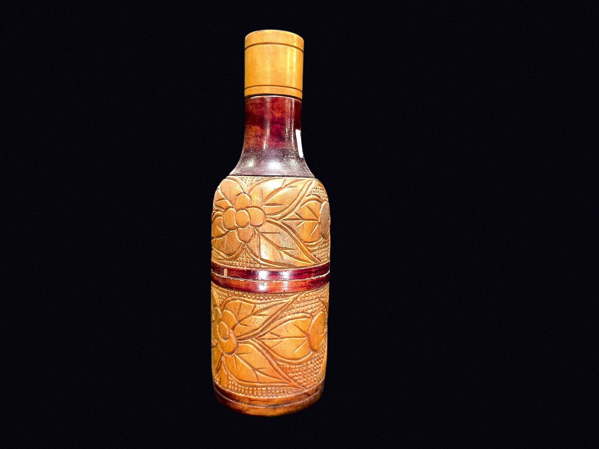 Carved Wood Folk Art Flask Glass Liner c1950