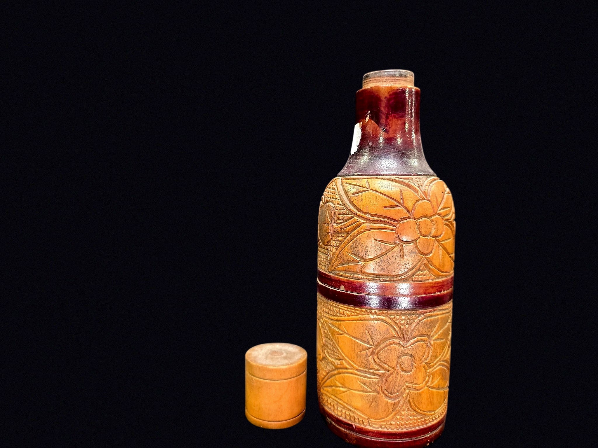 Carved Wood Folk Art Flask Glass Liner c1950