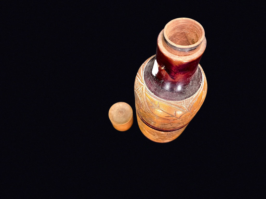 Carved Wood Folk Art Flask Glass Liner c1950