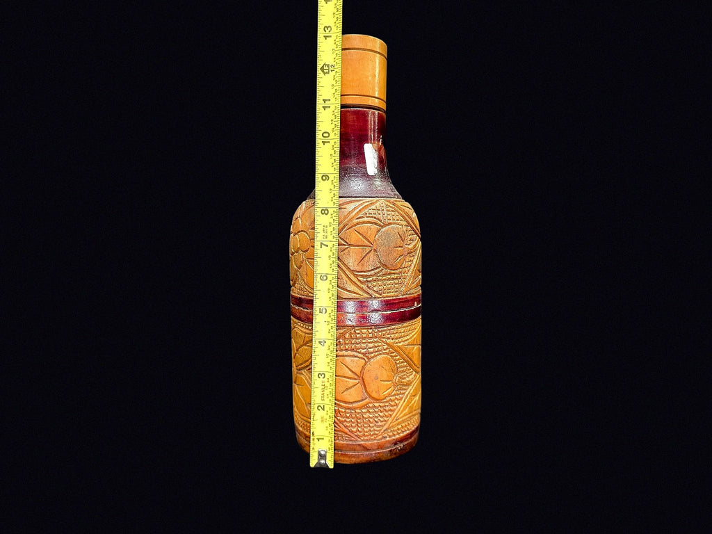 Carved Wood Folk Art Flask Glass Liner c1950
