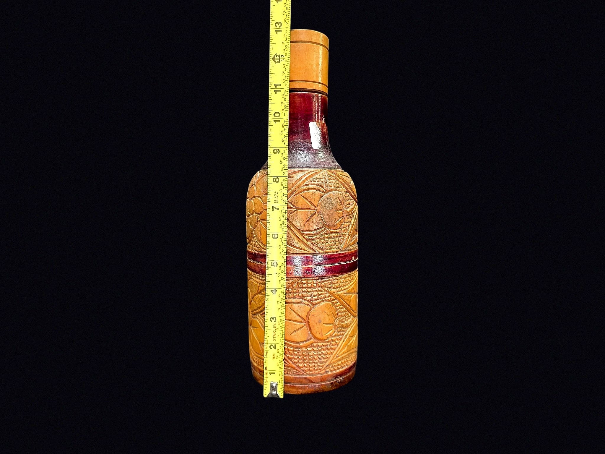 Carved Wood Folk Art Flask Glass Liner c1950