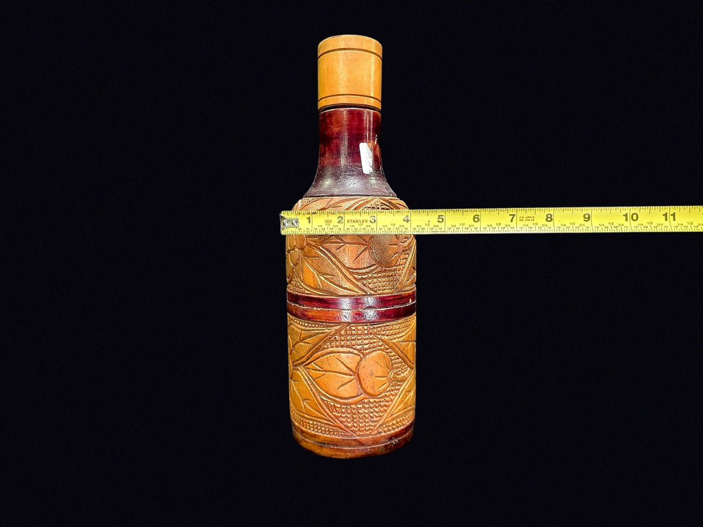 Carved Wood Folk Art Flask Glass Liner c1950