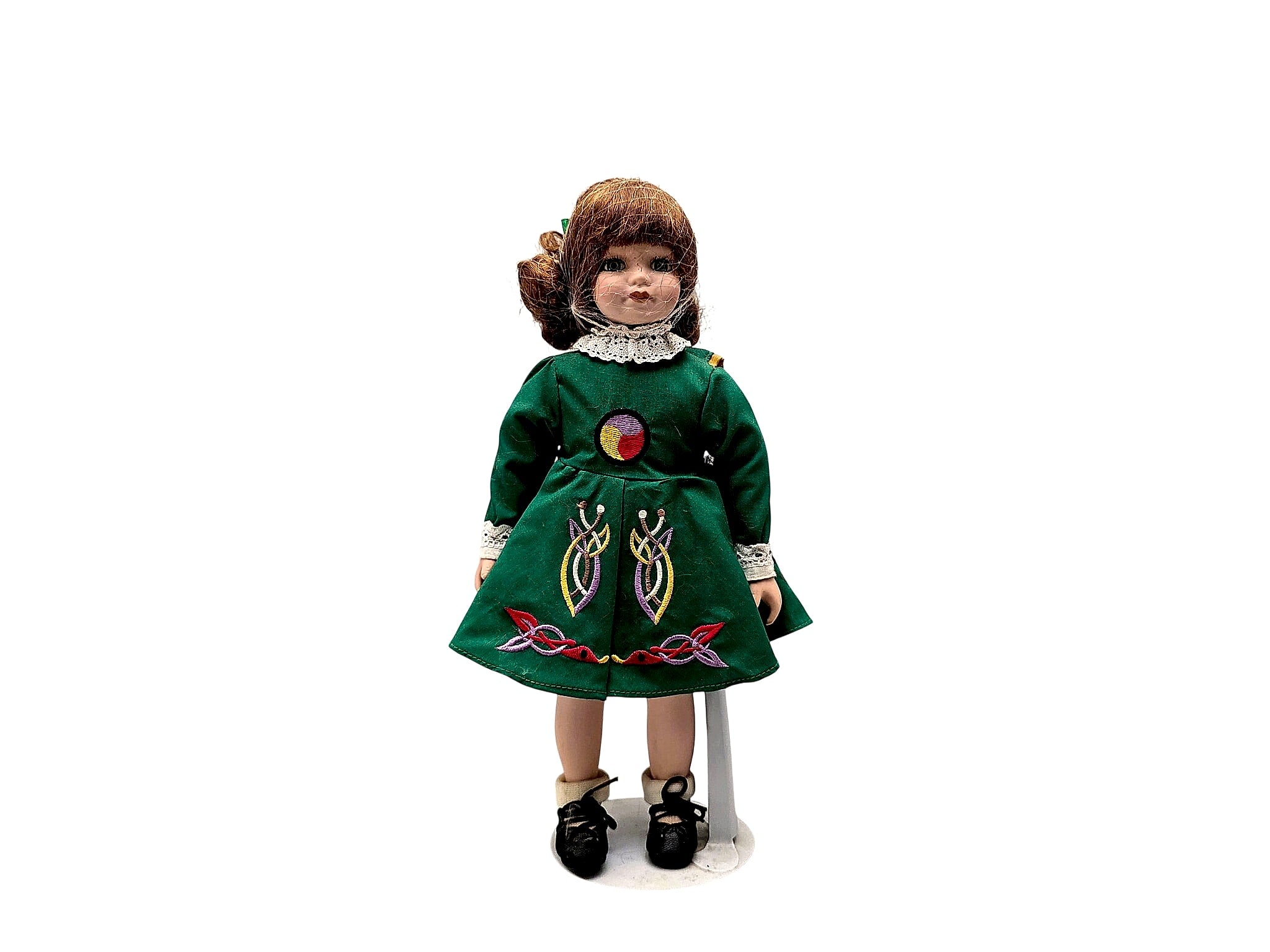 Irish Step Dancer Porcelain Doll Celtic Costume on Stand