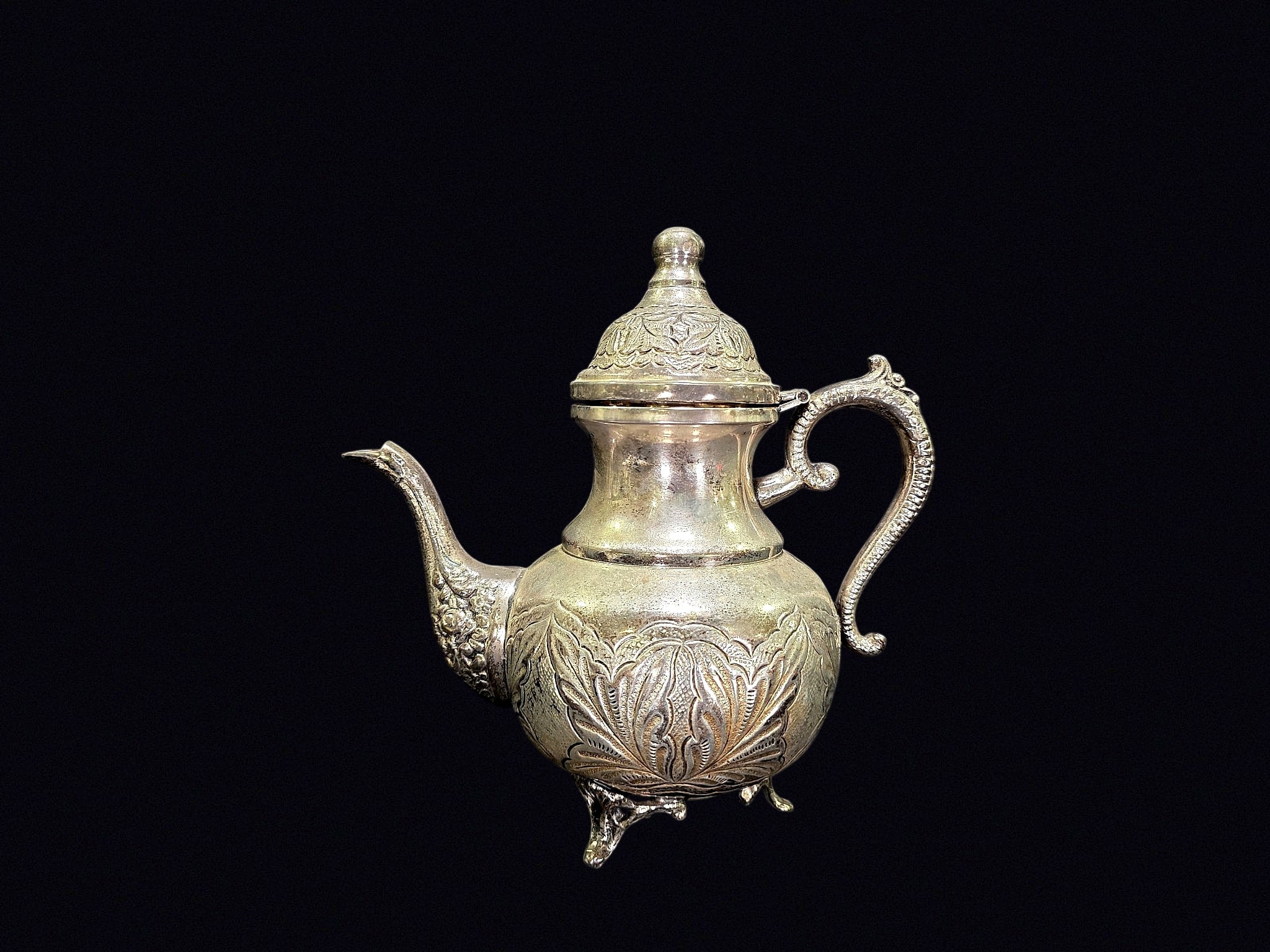 Moroccan Silver Plate Repoussé Footed Teapot