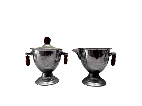 Art Deco Chrome Creamer Sugar Set Red Bakelite 1930s
