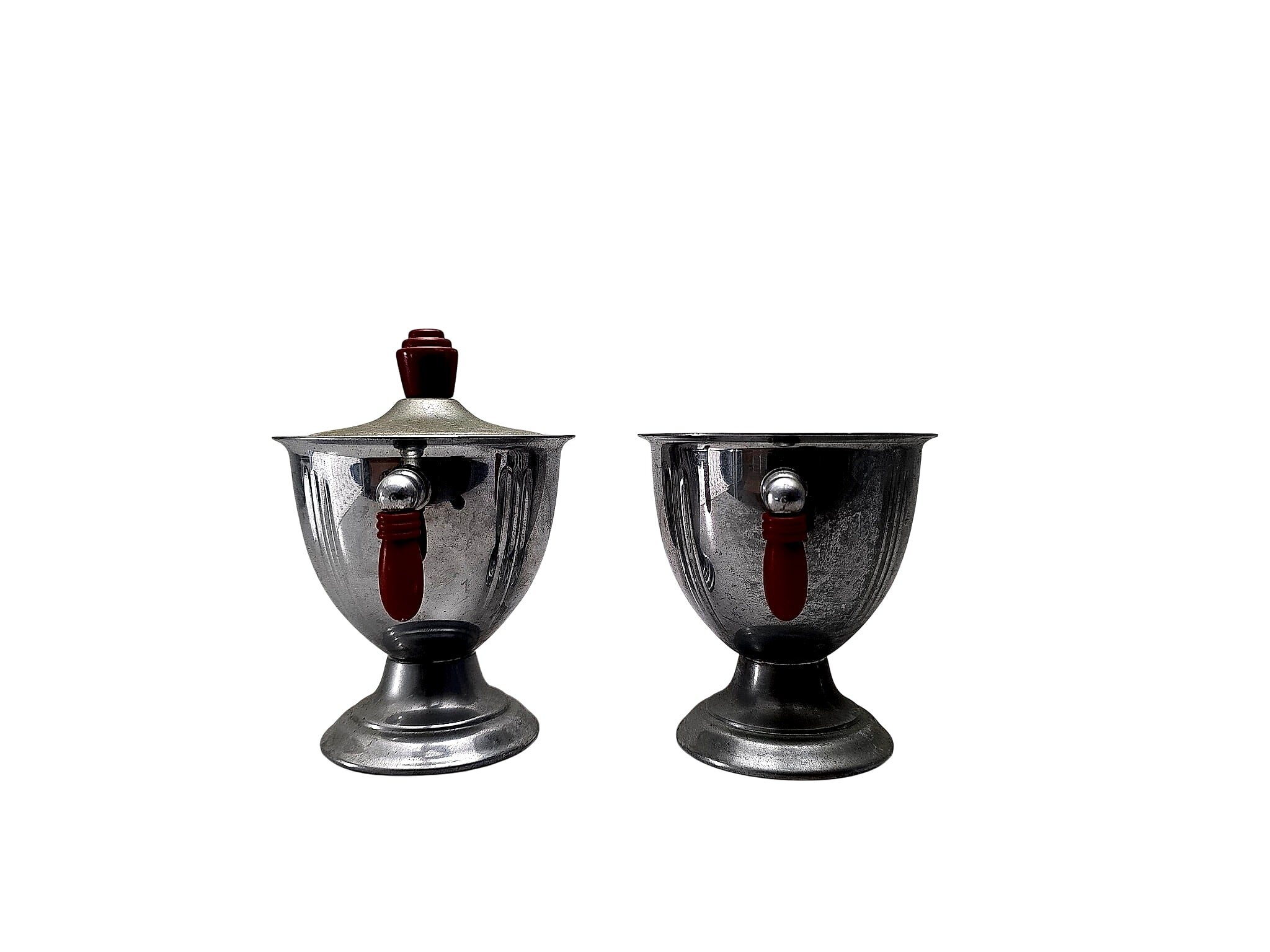 Art Deco Chrome Creamer Sugar Set Red Bakelite 1930s
