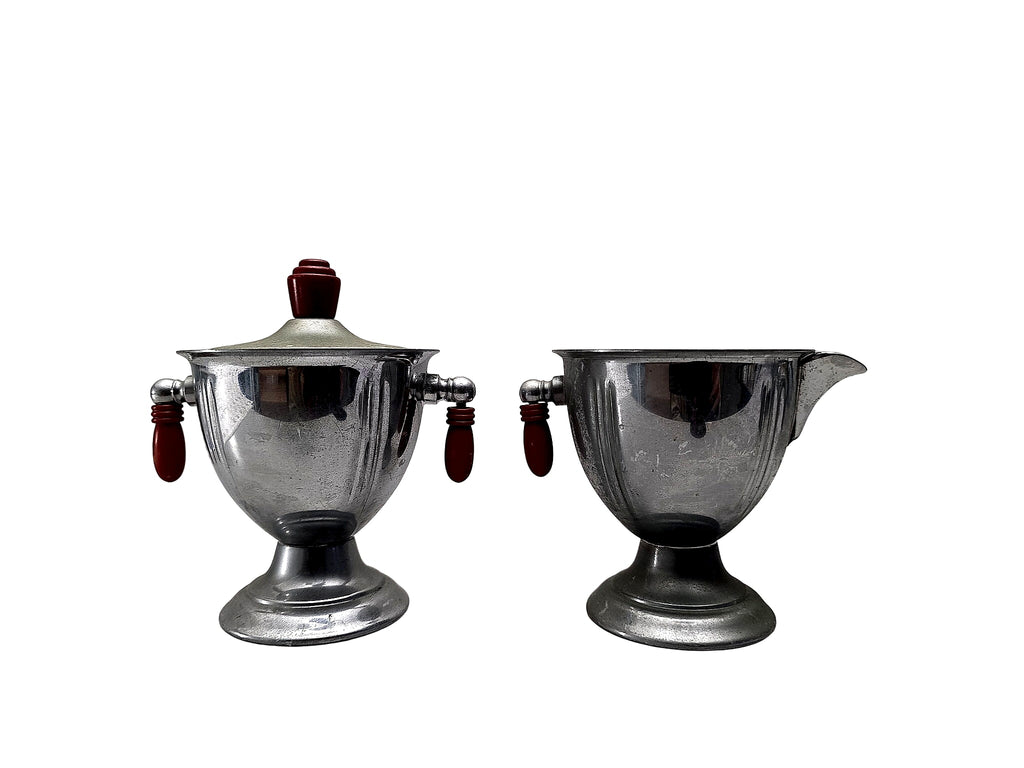 Art Deco Chrome Creamer Sugar Set Red Bakelite 1930s