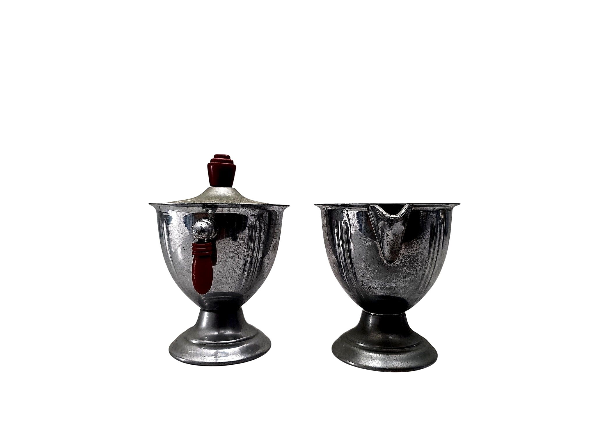 Art Deco Chrome Creamer Sugar Set Red Bakelite 1930s