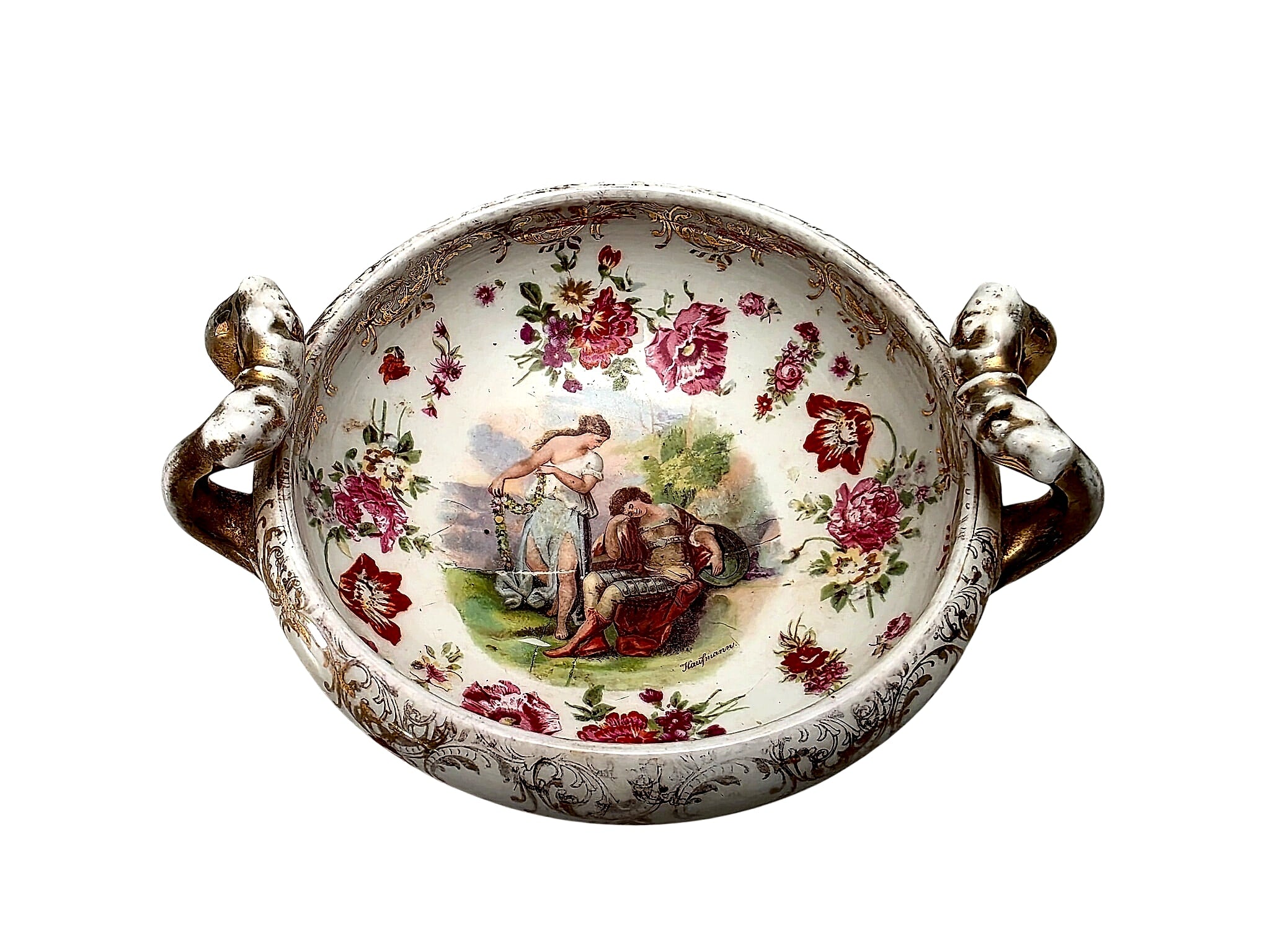 Dresden Porcelain Kauffmann Scene Twin-Handled Bowl c1900