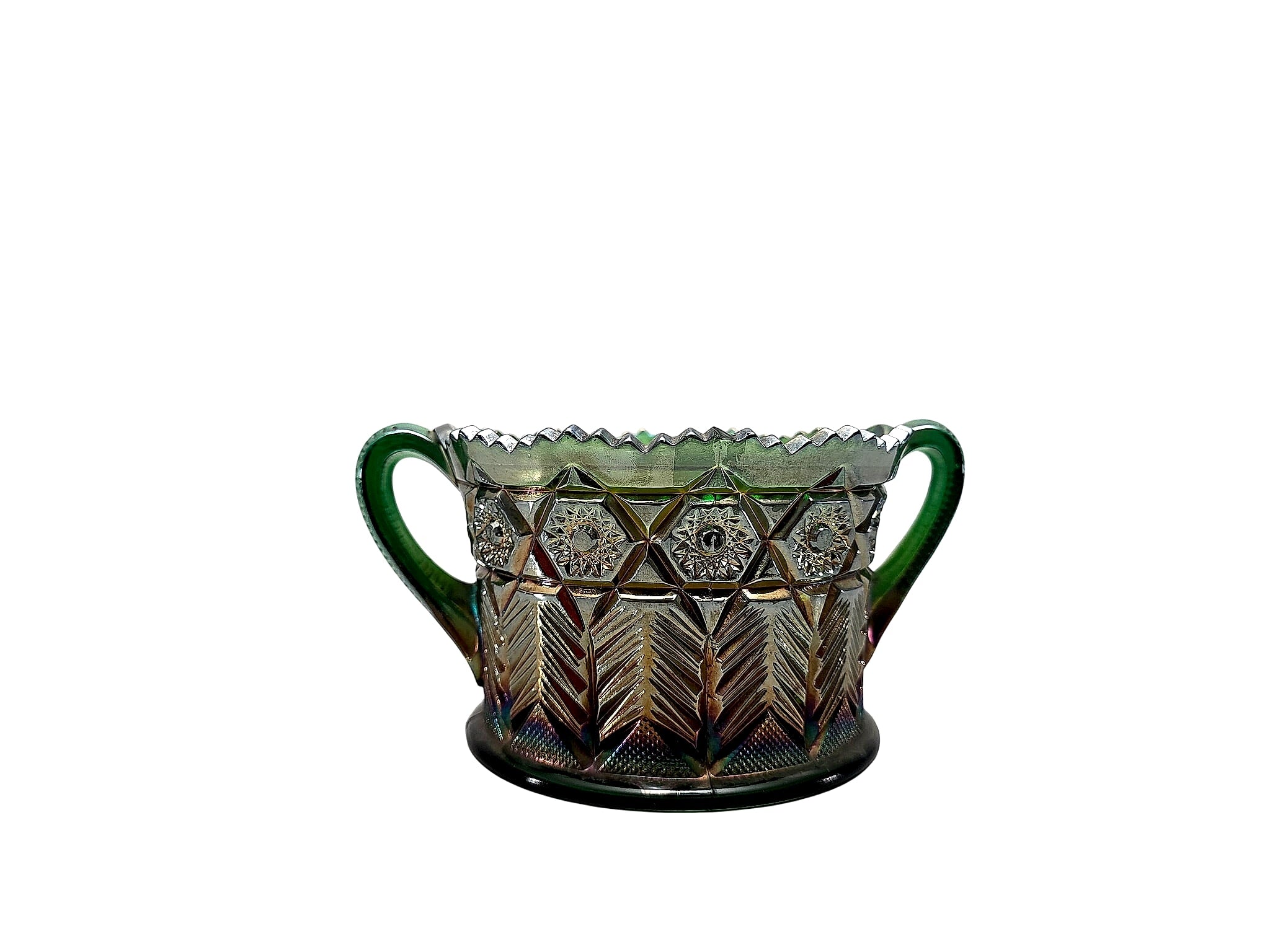 Imperial Octagon Green Carnival Glass Open Sugar c.1915