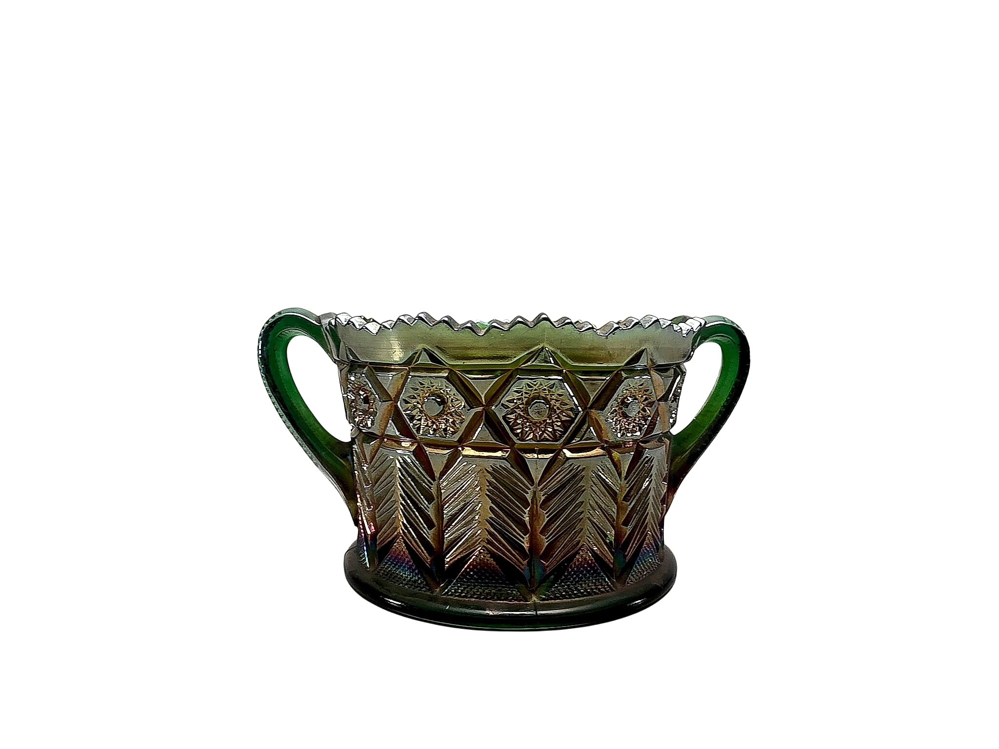 Imperial Octagon Green Carnival Glass Open Sugar c.1915