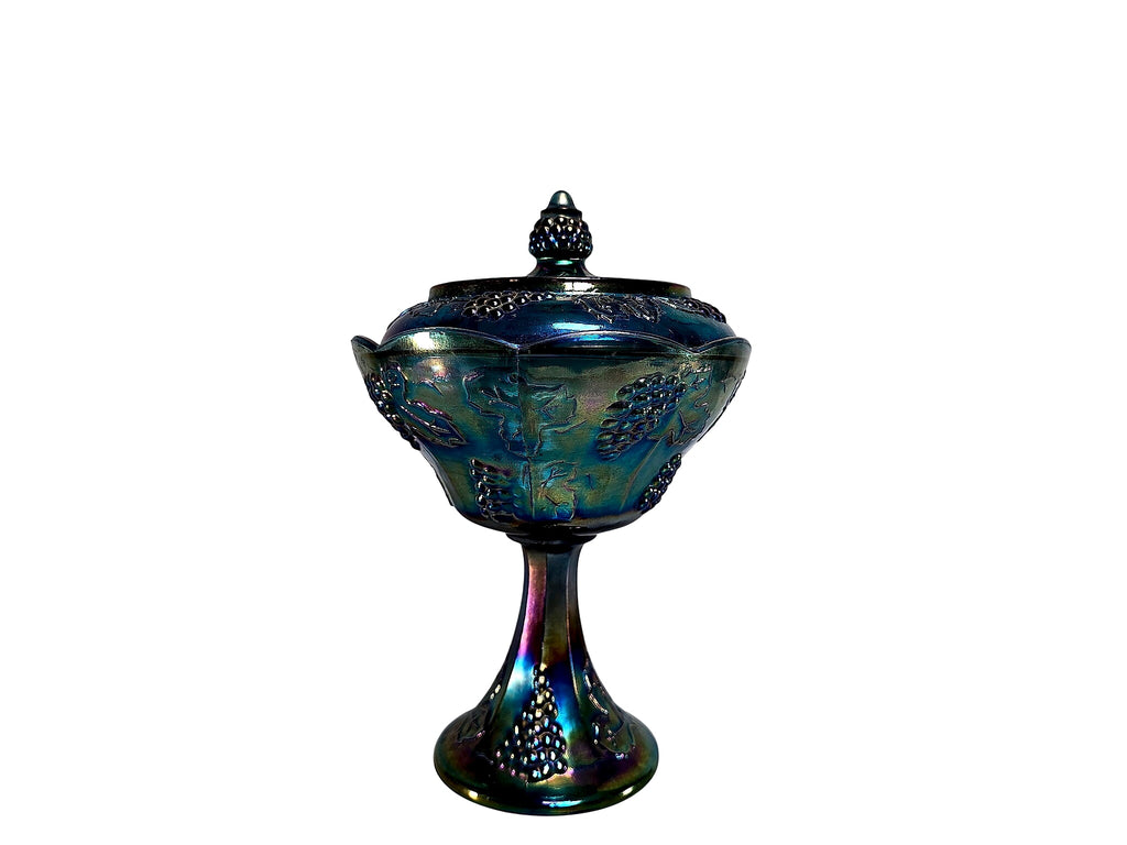 Indiana Harvest Grape Blue Carnival Glass Lidded Compote
