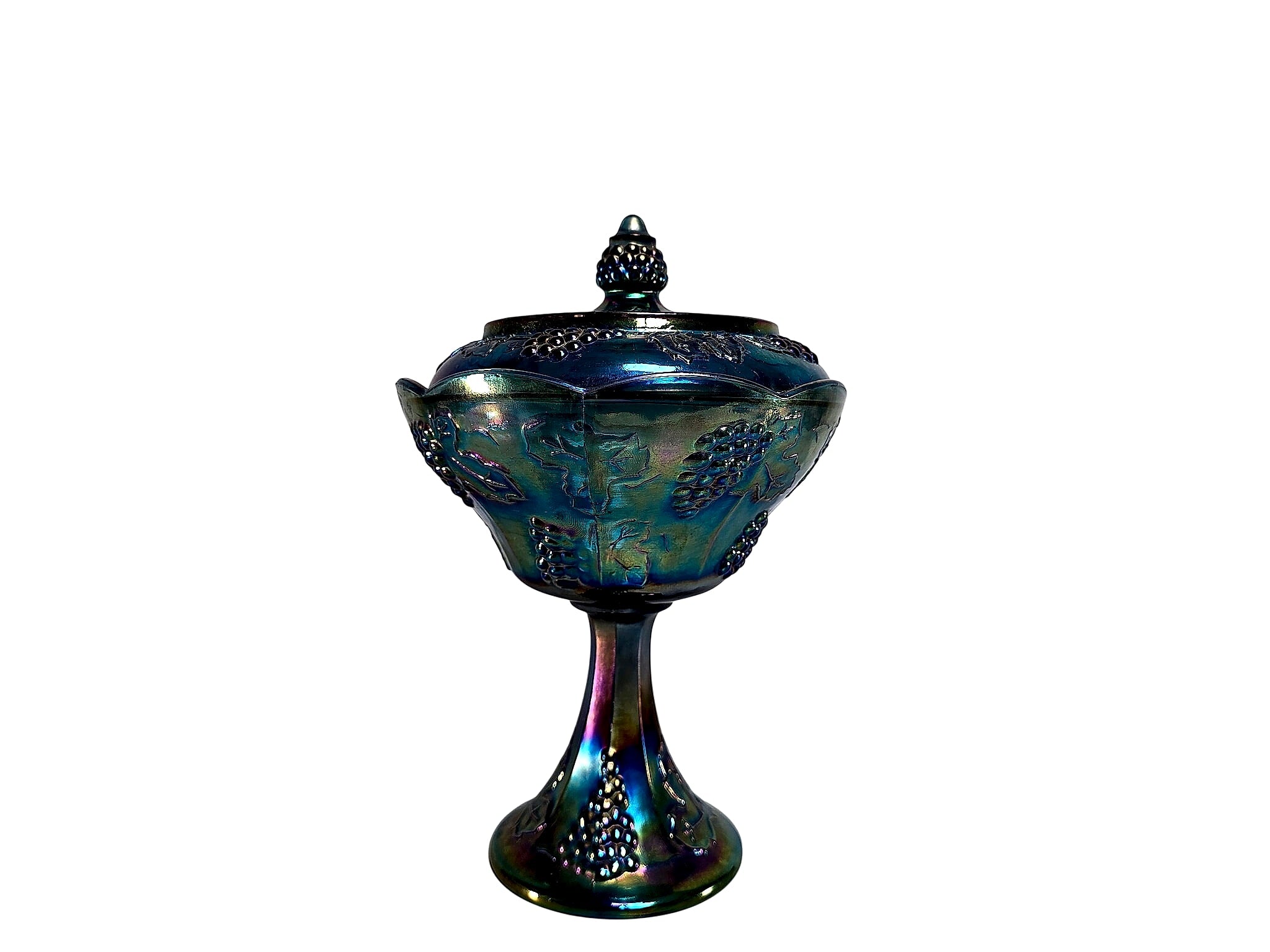 Indiana Harvest Grape Blue Carnival Glass Lidded Compote