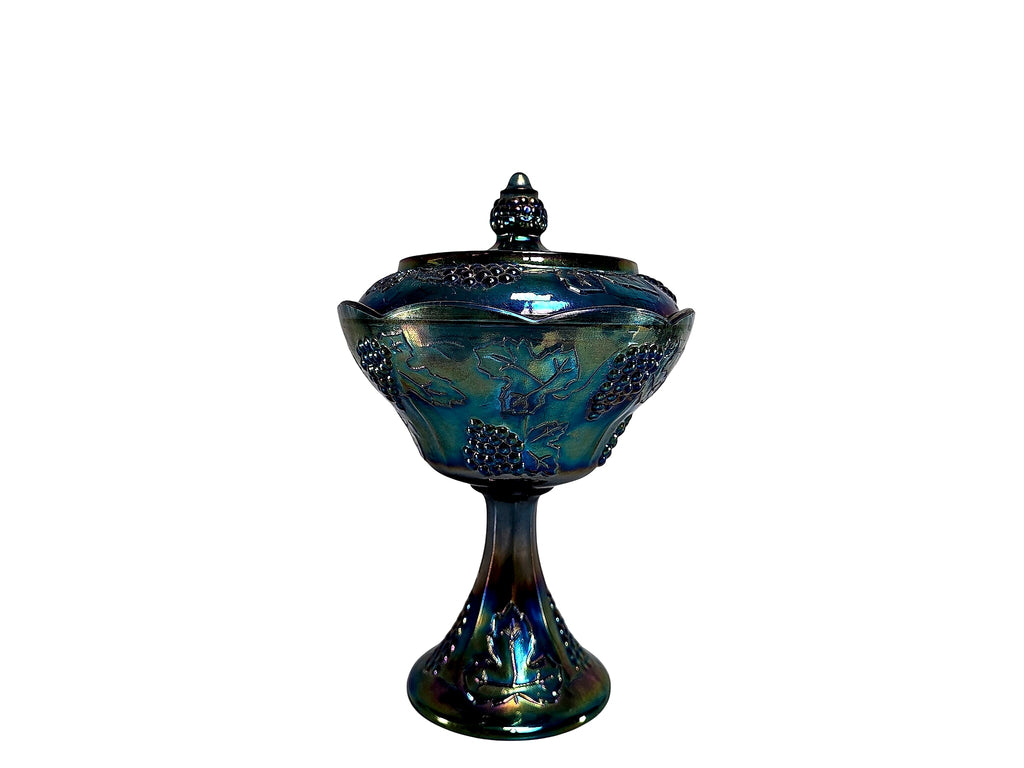 Indiana Harvest Grape Blue Carnival Glass Lidded Compote